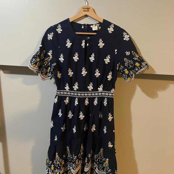 Shoshanna Richa Dress SZ 2 Navy Embroidered Eyelet Scalloped Ruffle Dress $418 - Picture 4 of 13